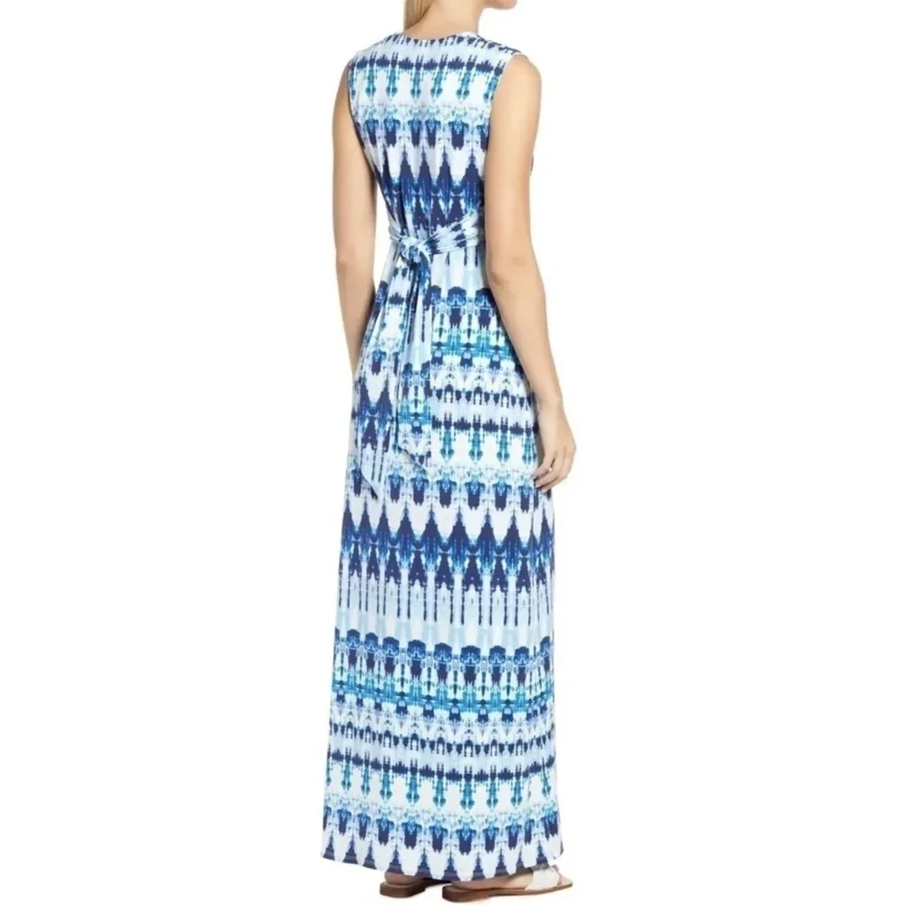 NWT Eliza J Twist Front Tie Dye Sleeveless Knit Maxi Dress in Blue Sz. 6